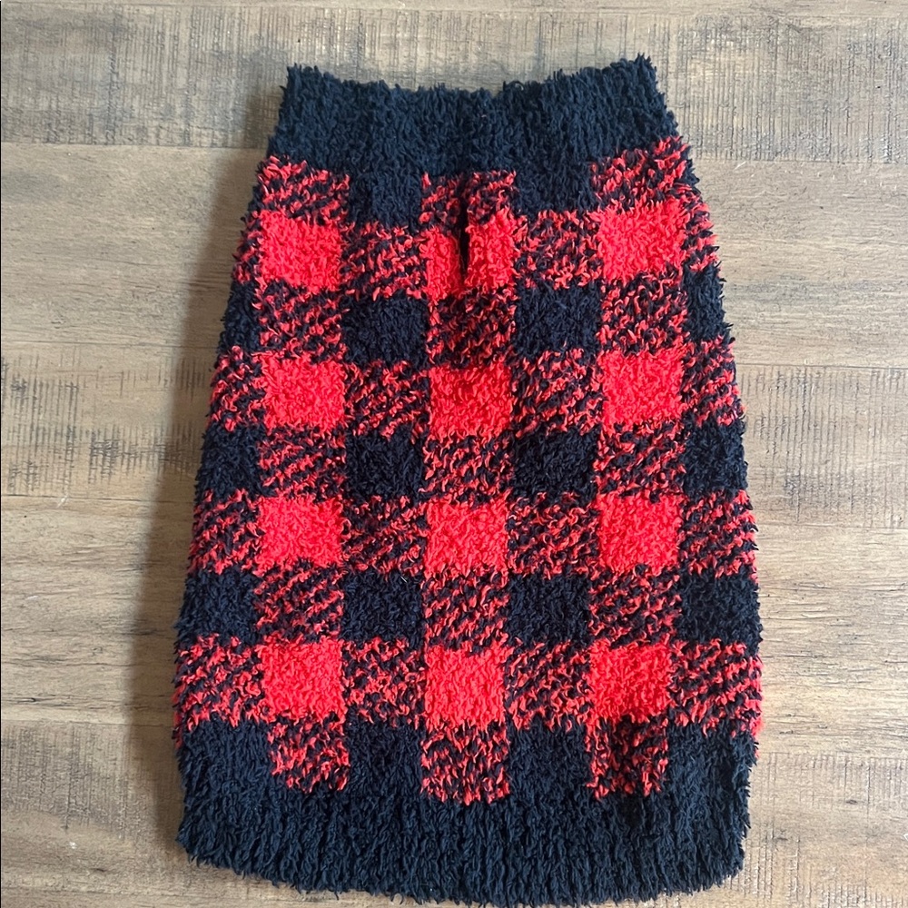 Red and black buffalo plaid fuzzy fleece pet sweater